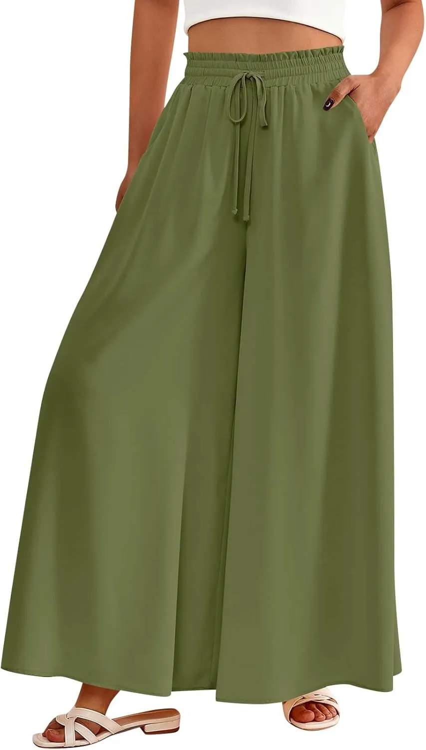 Womens Wide Leg Long Palazzo Pants High Waist Solid Flowy Lounge Pant Beach Vacation Trousers with Pocket