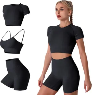 Women's Yoga Outfit Seamless Workout Set High Waist Exercise Shorts Pants with Sport Bra 3PCS Tracksuit Gym Tracksuits