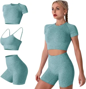 Women's Yoga Outfit Seamless Workout Set High Waist Exercise Shorts Pants with Sport Bra 3PCS Tracksuit Gym Tracksuits