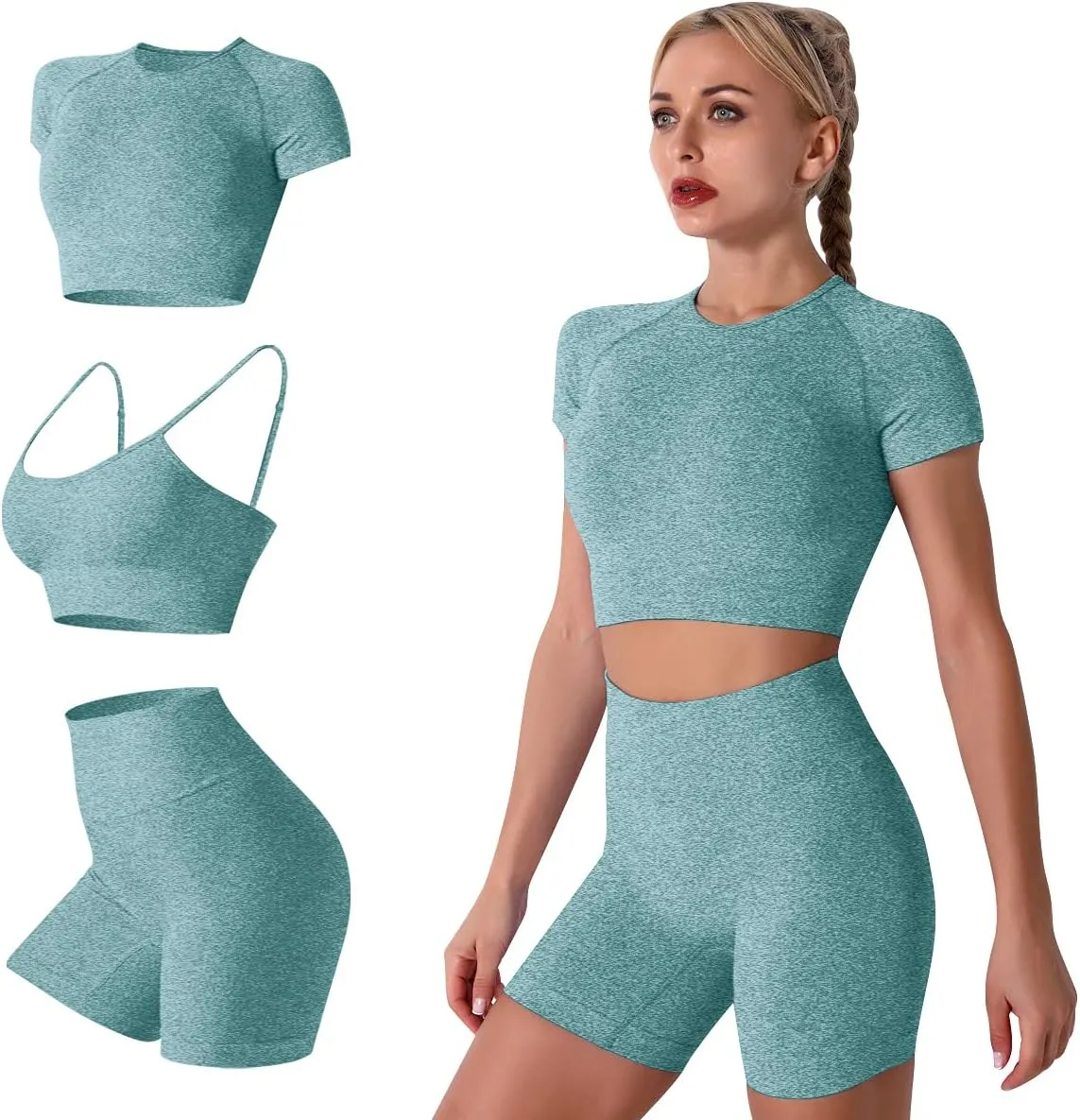 Women's Yoga Outfit Seamless Workout Set High Waist Exercise Shorts Pants with Sport Bra 3PCS Tracksuit Gym Tracksuits