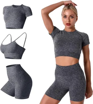 Women's Yoga Outfit Seamless Workout Set High Waist Exercise Shorts Pants with Sport Bra 3PCS Tracksuit Gym Tracksuits