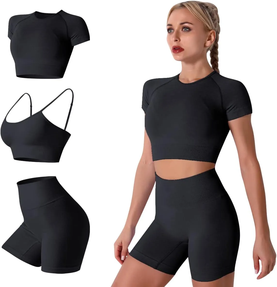 Women's Yoga Outfit Seamless Workout Set High Waist Exercise Shorts Pants with Sport Bra 3PCS Tracksuit Gym Tracksuits