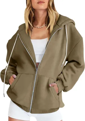 Women's Zipper Open Front Hoodies Fall Fashion 2023 Casual Solid Long Sleeve Pocket Jacket Coats Y2K Winter Clothes
