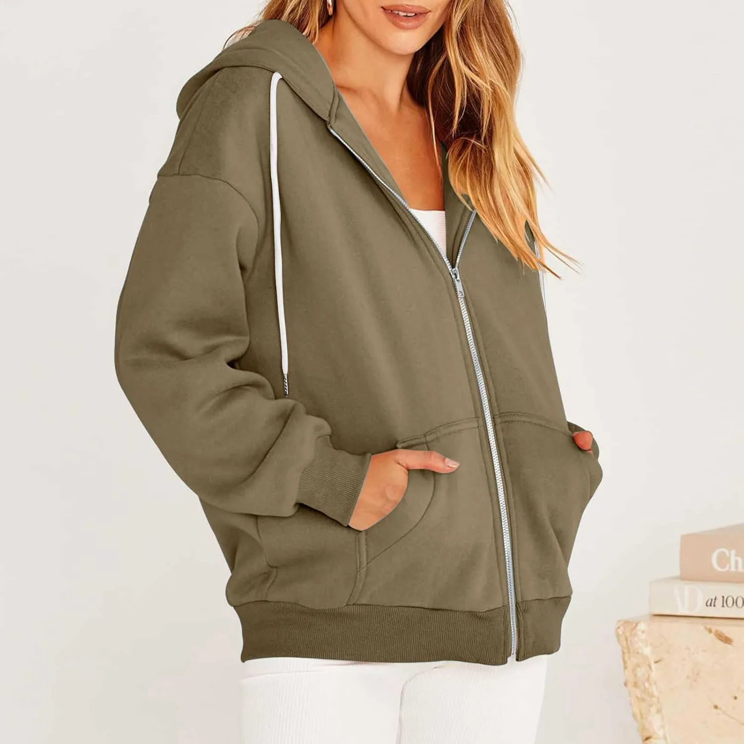 Women's Zipper Open Front Hoodies Fall Fashion 2023 Casual Solid Long Sleeve Pocket Jacket Coats Y2K Winter Clothes