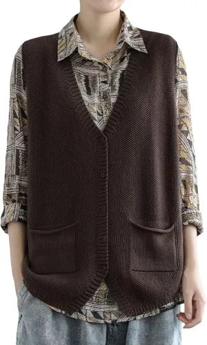 Wowcarbazole Womens V Neck Sweater Vest Sleeveless Button Down Solid Knit Cardigan Vest Casual Knitted Tank Tops with Pockets