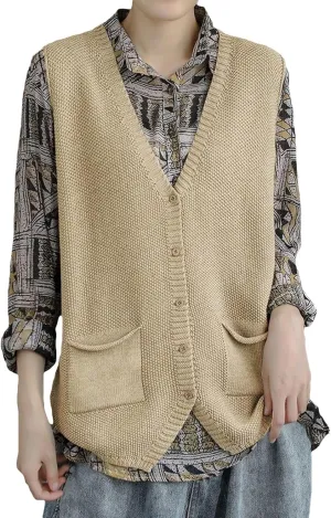 Wowcarbazole Womens V Neck Sweater Vest Sleeveless Button Down Solid Knit Cardigan Vest Casual Knitted Tank Tops with Pockets