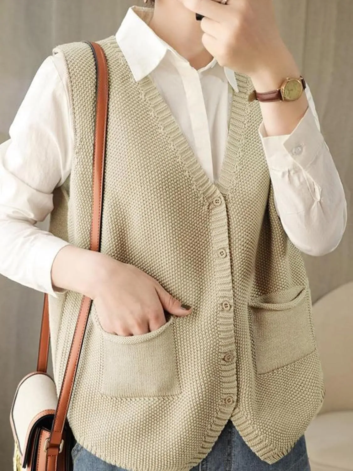 Wowcarbazole Womens V Neck Sweater Vest Sleeveless Button Down Solid Knit Cardigan Vest Casual Knitted Tank Tops with Pockets