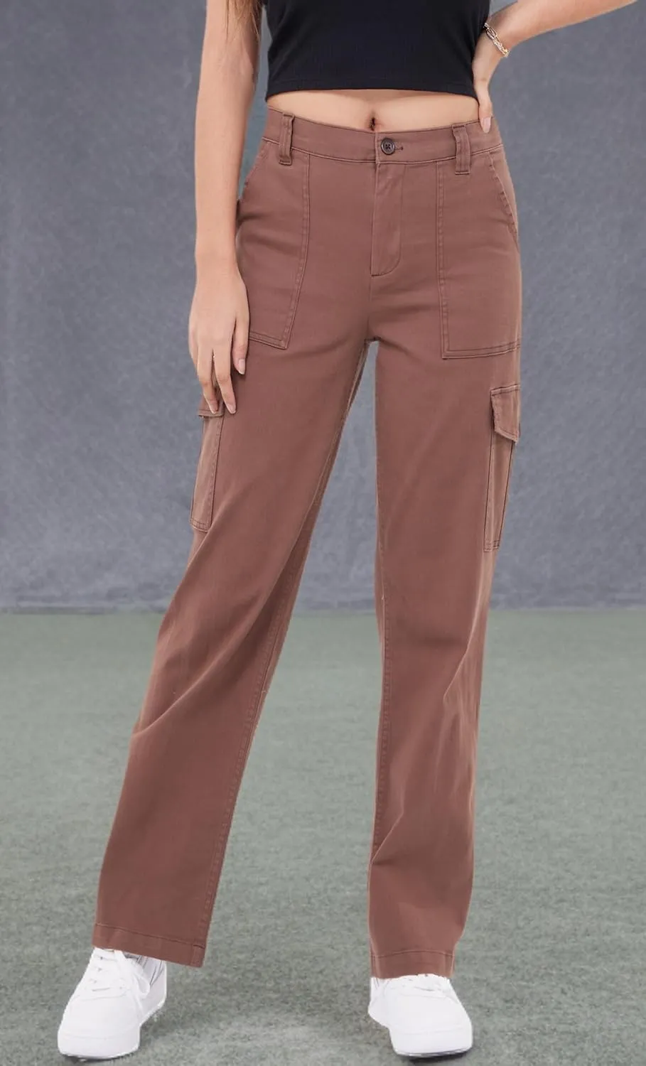 WULFUL Cargo Pants for Women High Waisted Casual Pants Straight Stretchy Wide Leg Y2K Streetwear with 6 Pockets