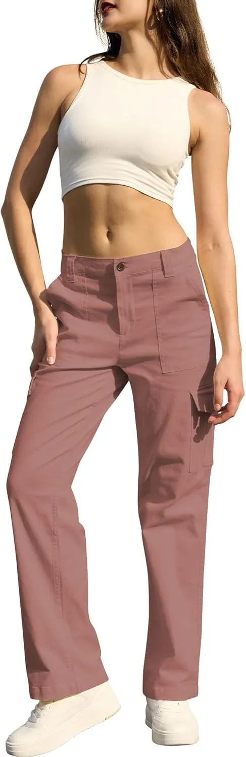 WULFUL Cargo Pants for Women High Waisted Casual Pants Straight Stretchy Wide Leg Y2K Streetwear with 6 Pockets