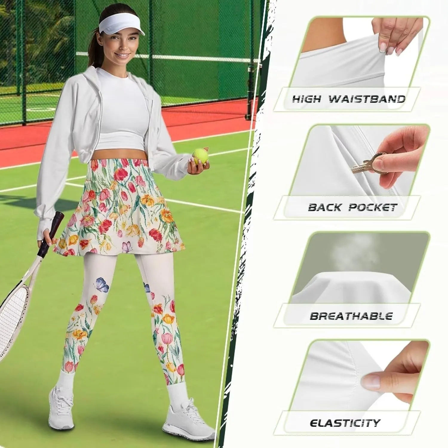 Xoenoiee Tennis Skirted Leggings with Pocket for Women Active Skort Athletic Ruffle Pleated Golf Skapri with Skirt
