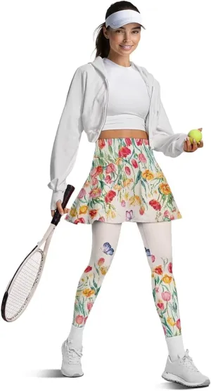 Xoenoiee Tennis Skirted Leggings with Pocket for Women Active Skort Athletic Ruffle Pleated Golf Skapri with Skirt