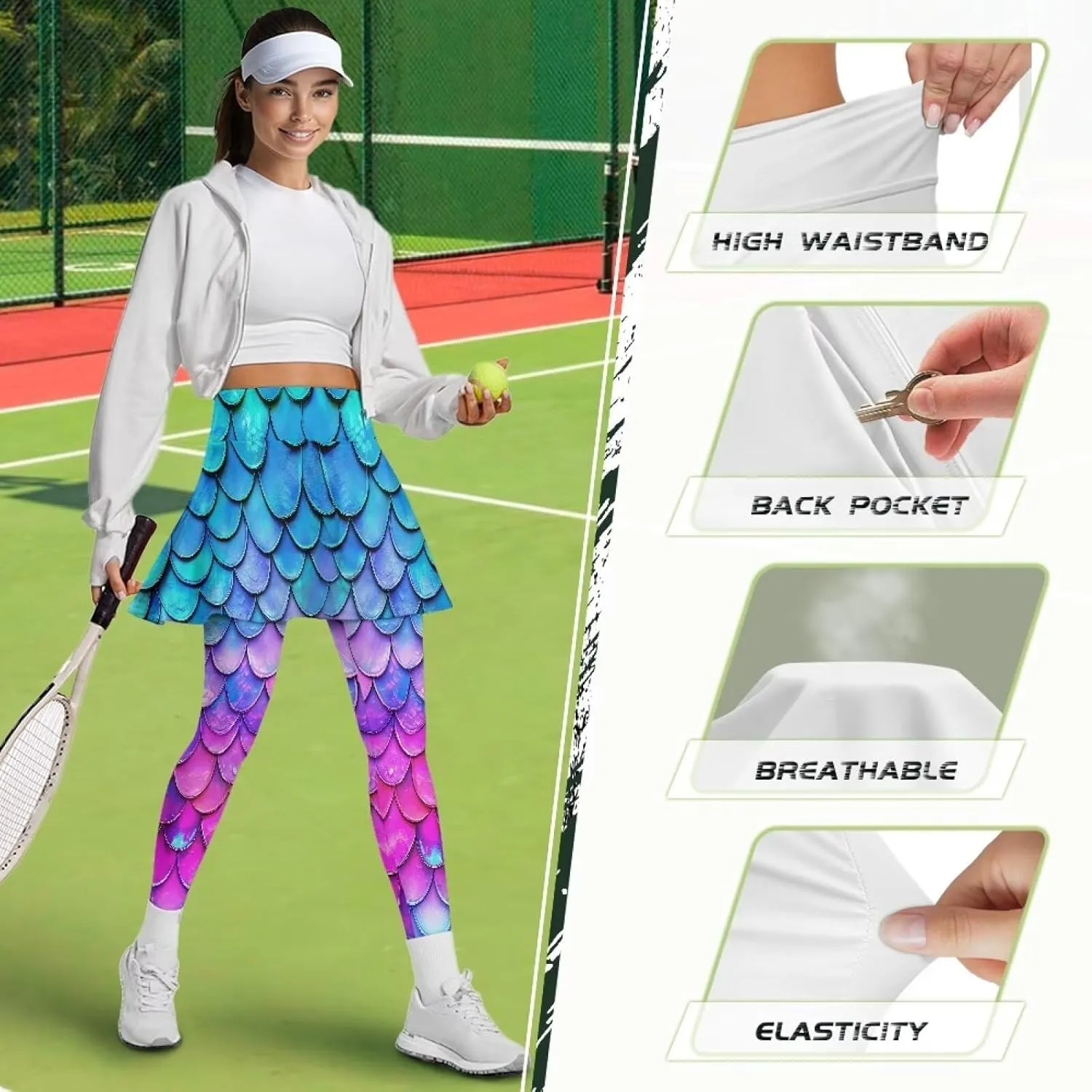 Xoenoiee Tennis Skirted Leggings with Pocket for Women Active Skort Athletic Ruffle Pleated Golf Skapri with Skirt