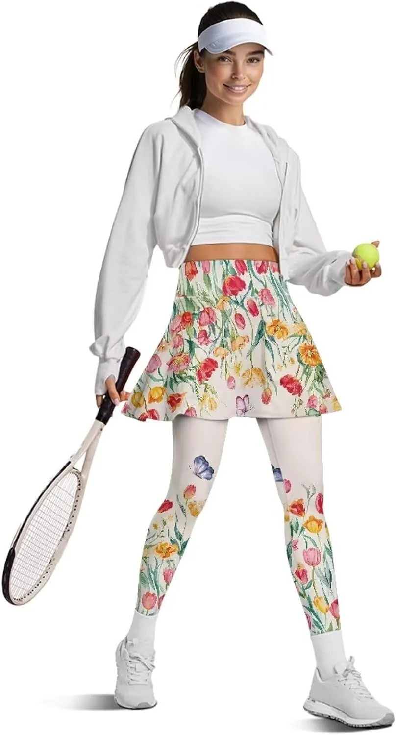 Xoenoiee Tennis Skirted Leggings with Pocket for Women Active Skort Athletic Ruffle Pleated Golf Skapri with Skirt