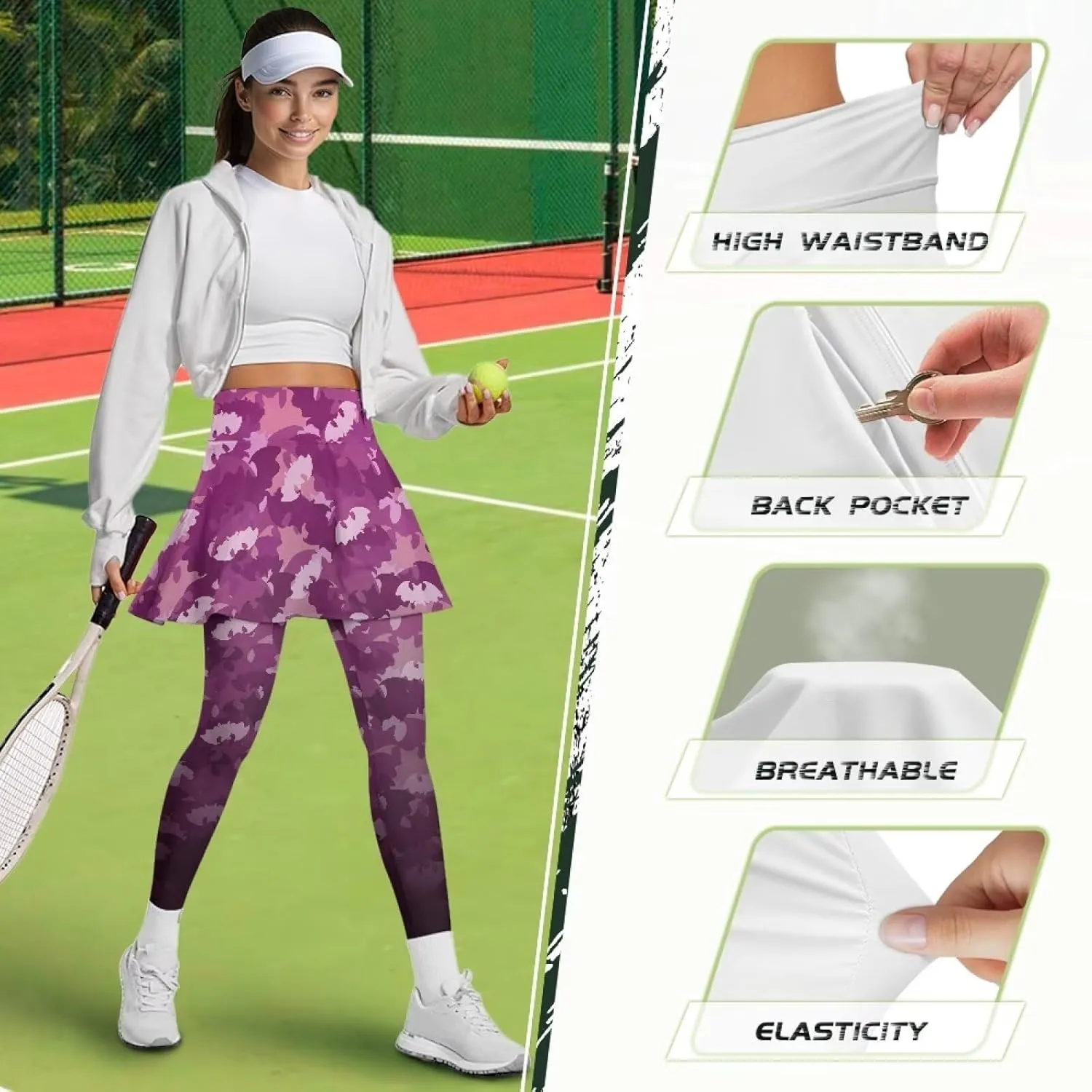 Xoenoiee Tennis Skirted Leggings with Pocket for Women Active Skort Athletic Ruffle Pleated Golf Skapri with Skirt