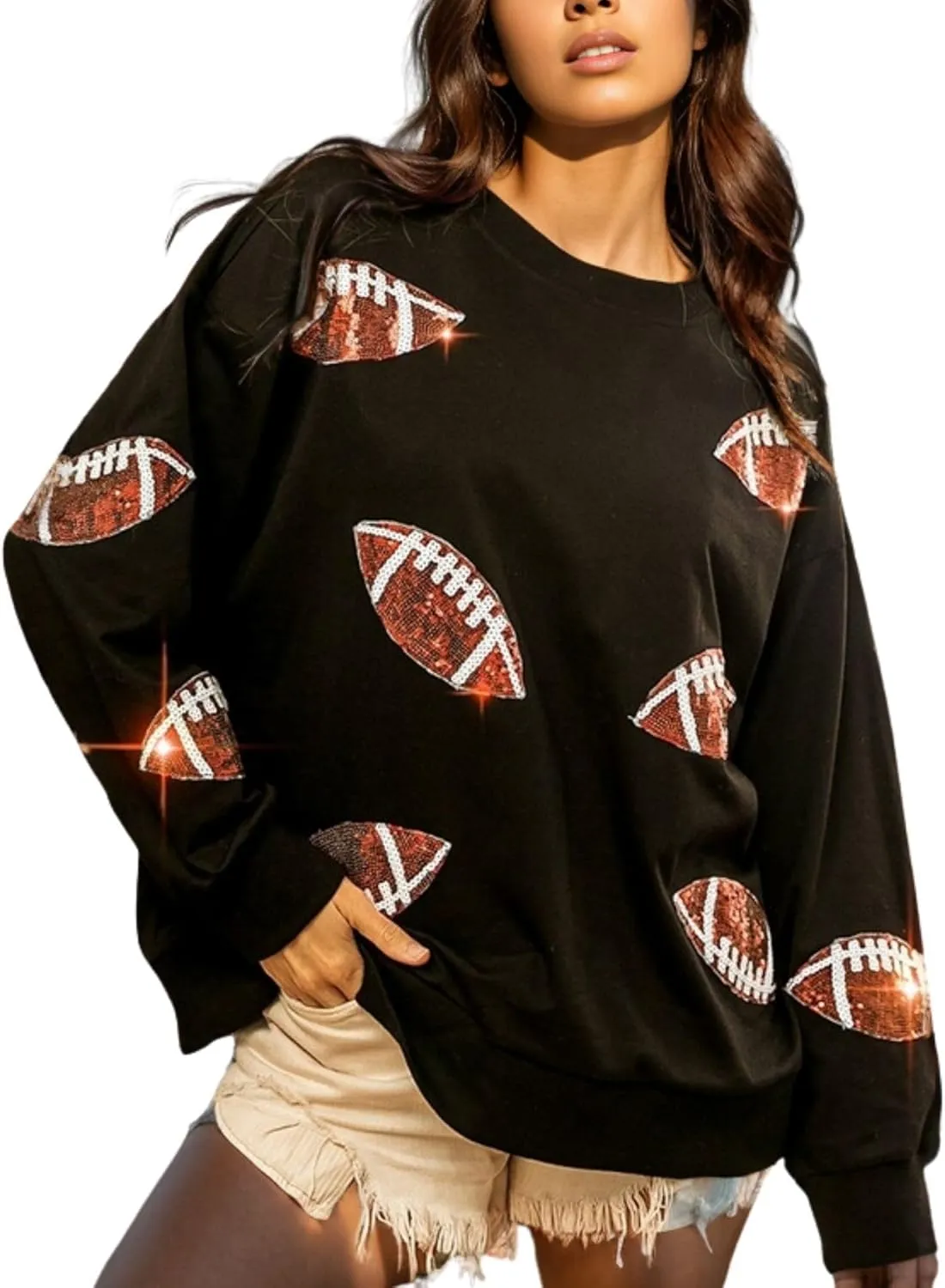 Xunger Womens Football Print Sequin Sweatshirt Crewneck Oversized Long Sleeve Pullover Tops Gameday Sweatshirts