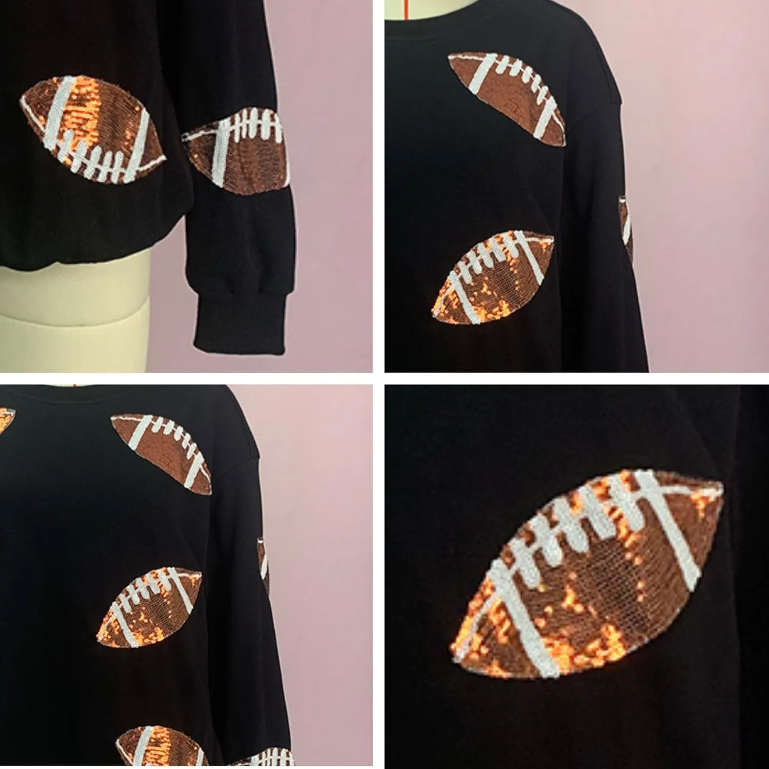 Xunger Womens Football Print Sequin Sweatshirt Crewneck Oversized Long Sleeve Pullover Tops Gameday Sweatshirts