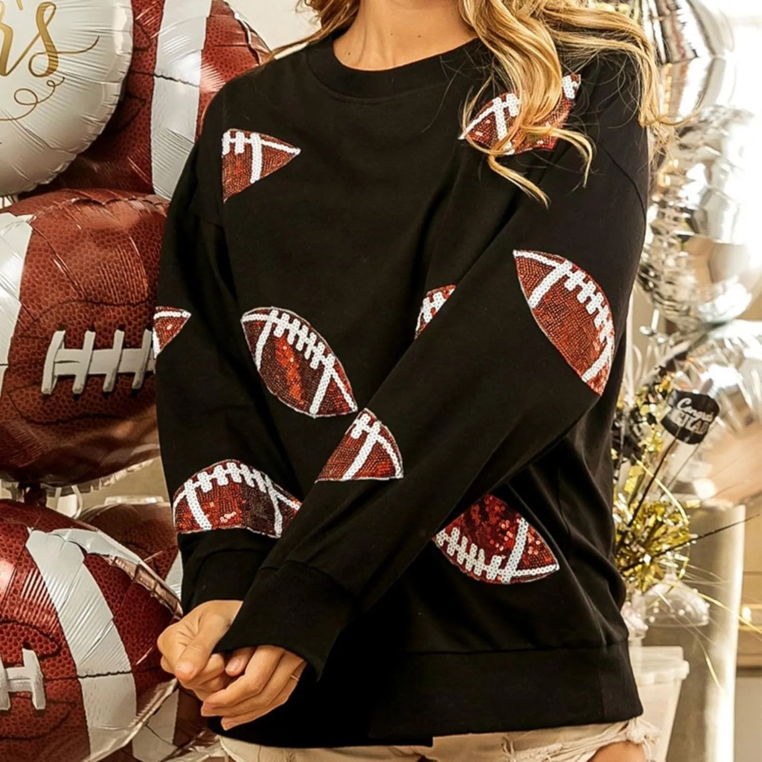 Xunger Womens Football Print Sequin Sweatshirt Crewneck Oversized Long Sleeve Pullover Tops Gameday Sweatshirts