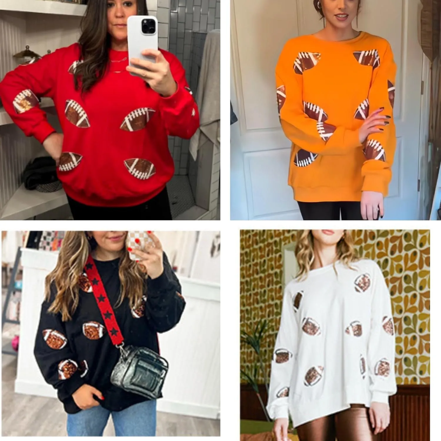 Xunger Womens Football Print Sequin Sweatshirt Crewneck Oversized Long Sleeve Pullover Tops Gameday Sweatshirts