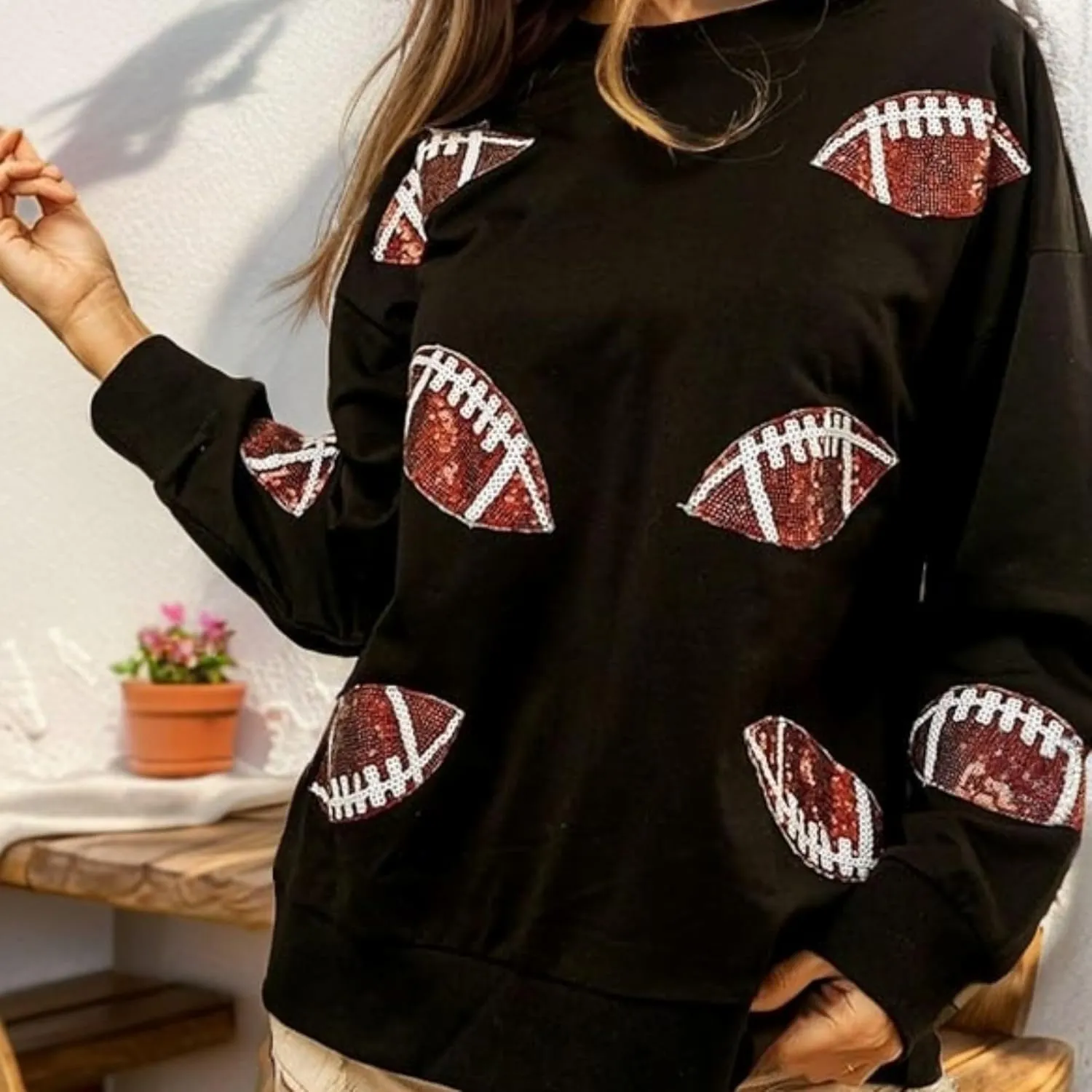 Xunger Womens Football Print Sequin Sweatshirt Crewneck Oversized Long Sleeve Pullover Tops Gameday Sweatshirts