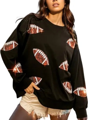 Xunger Womens Football Print Sequin Sweatshirt Crewneck Oversized Long Sleeve Pullover Tops Gameday Sweatshirts