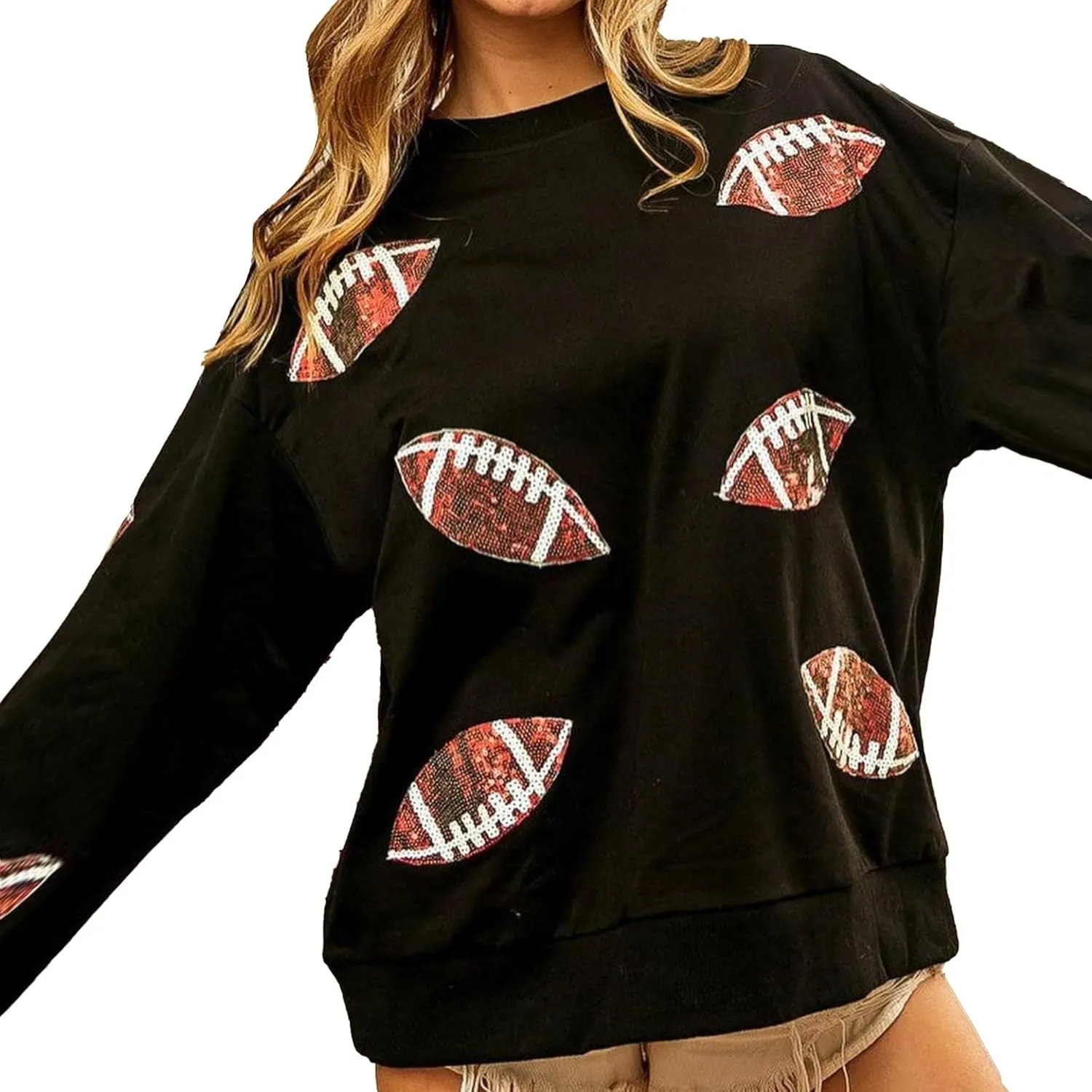 Xunger Womens Football Print Sequin Sweatshirt Crewneck Oversized Long Sleeve Pullover Tops Gameday Sweatshirts