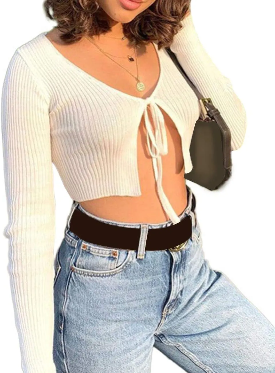 xxxiticat Women's Front Tie Up Crop Top Shirt Long Sleeve Lace Up Knitted Open Cardigan V Neck Bolero Cropped Basic Tees