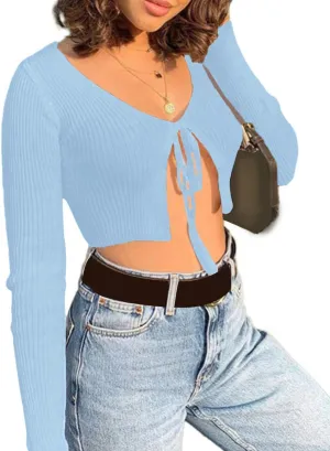 xxxiticat Women's Front Tie Up Crop Top Shirt Long Sleeve Lace Up Knitted Open Cardigan V Neck Bolero Cropped Basic Tees