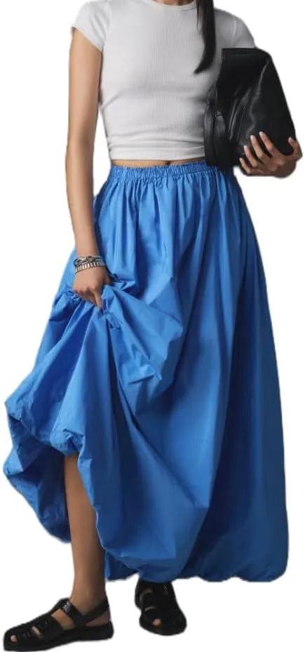 Y2k Bubble Maxi Skirt for Women Boho High Elastic Waist A Line Pleated Long Skirt Ruffle Smocked Midi Skirt
