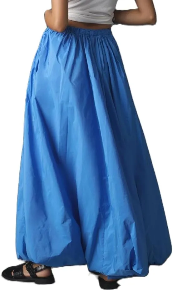 Y2k Bubble Maxi Skirt for Women Boho High Elastic Waist A Line Pleated Long Skirt Ruffle Smocked Midi Skirt