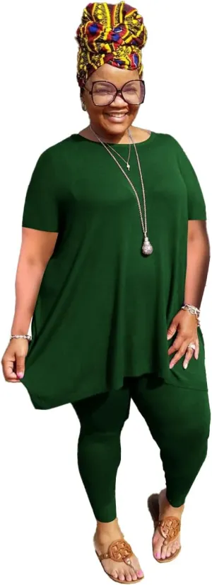 YeGine Women Plus Size 2 Piece Outfits Short Sleeve Top and Legging Pant Set Sweatsuit Tracksuit Dark Green 5XL