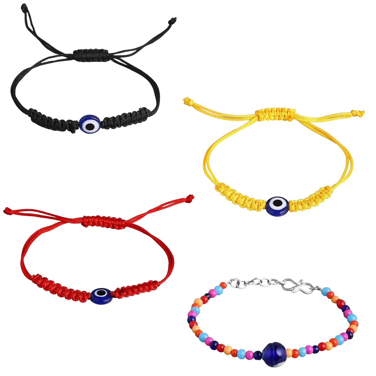 Yellow Chimes Evil Eye Bracelet for Women 4 Pcs Combo Evil Eye Multicolor Beads Bracelets Stretchable Threaded Bracelets for Women and Girls.