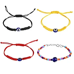 Yellow Chimes Evil Eye Bracelet for Women 4 Pcs Combo Evil Eye Multicolor Beads Bracelets Stretchable Threaded Bracelets for Women and Girls.