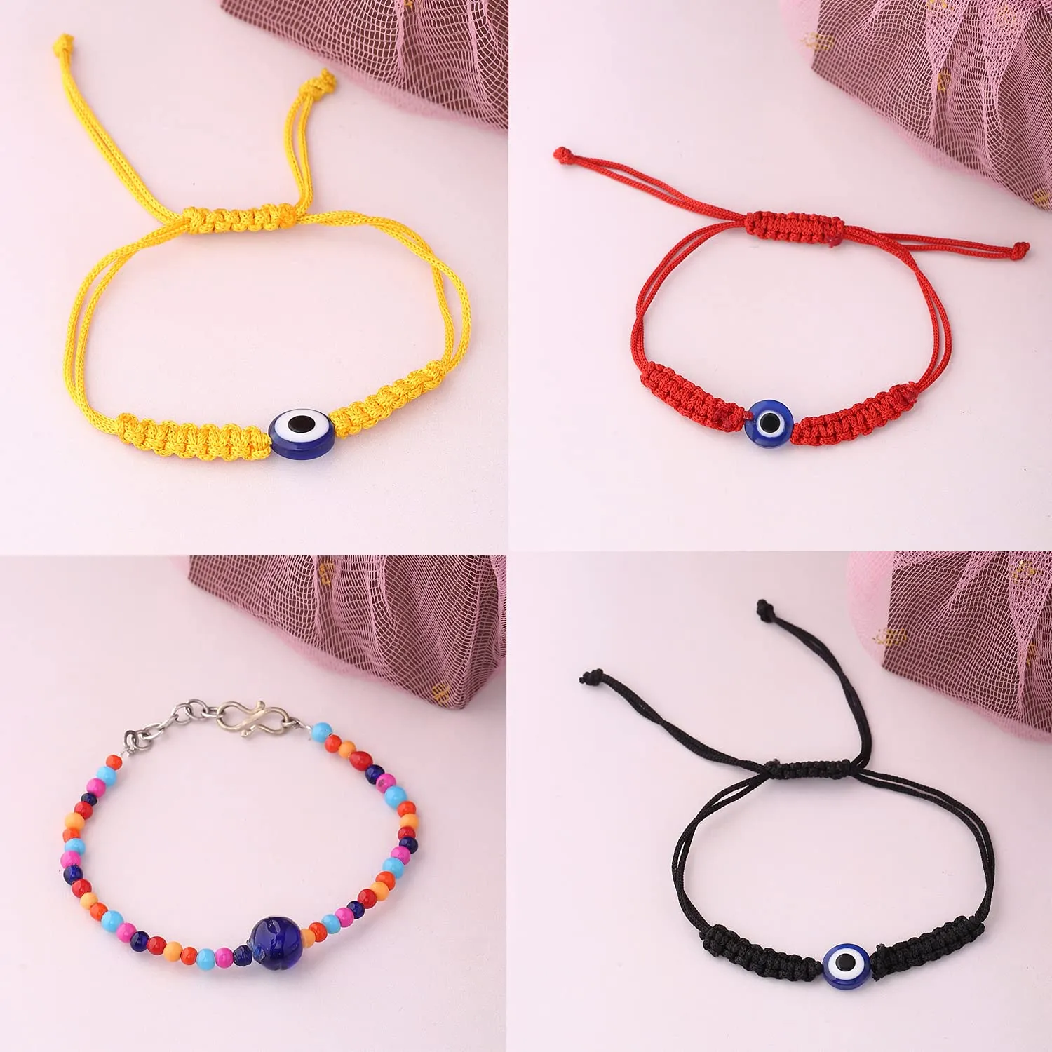 Yellow Chimes Evil Eye Bracelet for Women 4 Pcs Combo Evil Eye Multicolor Beads Bracelets Stretchable Threaded Bracelets for Women and Girls.