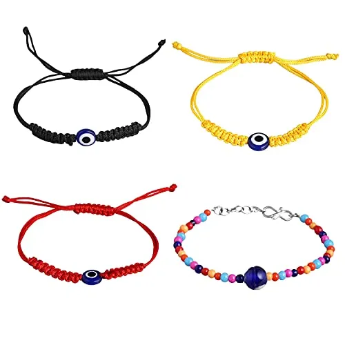 Yellow Chimes Evil Eye Bracelet for Women 4 Pcs Combo Evil Eye Multicolor Beads Bracelets Stretchable Threaded Bracelets for Women and Girls.