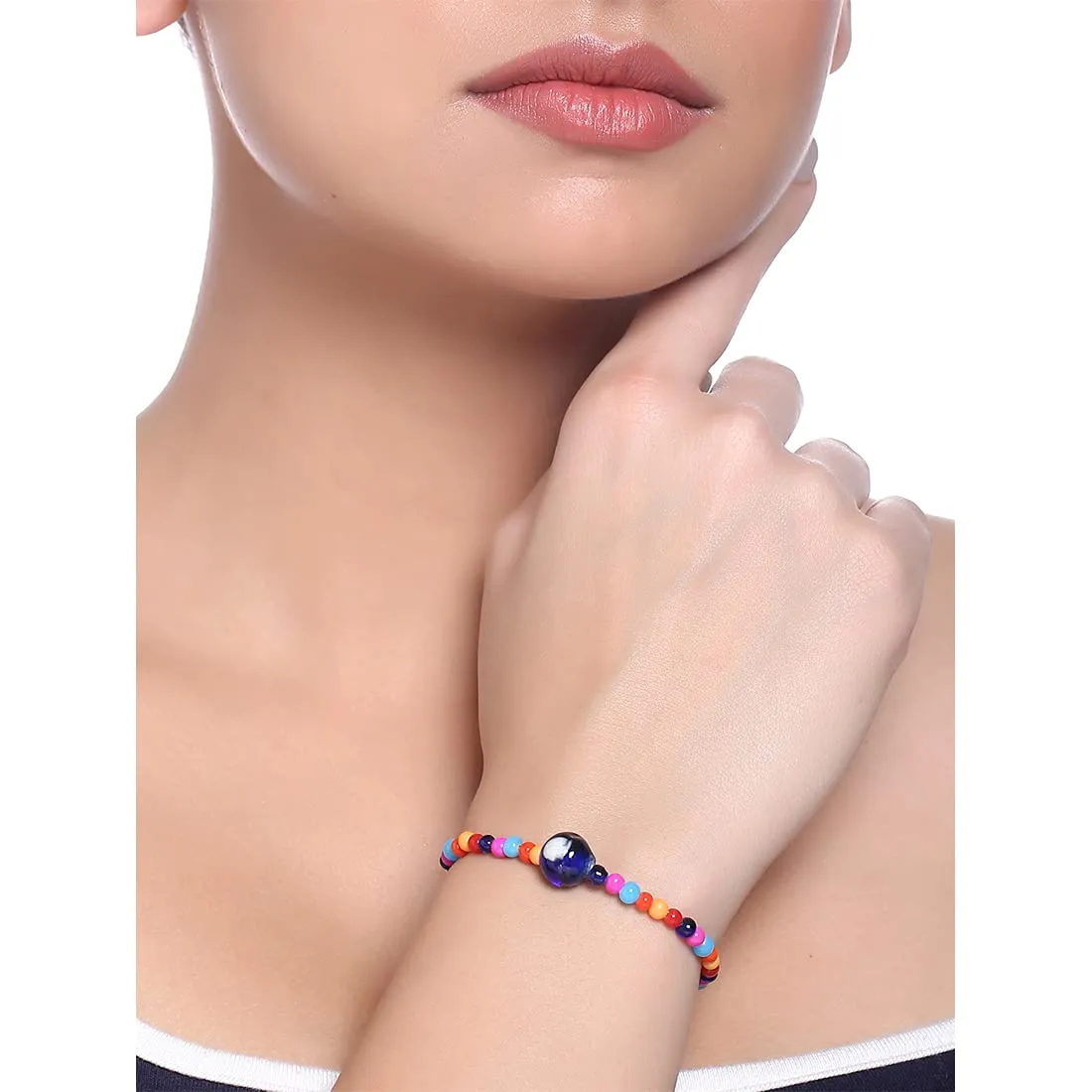 Yellow Chimes Evil Eye Bracelet for Women 4 Pcs Combo Evil Eye Multicolor Beads Bracelets Stretchable Threaded Bracelets for Women and Girls.