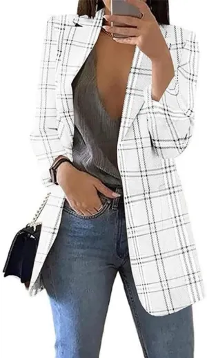 Yeshire Women's Lapel Double Breasted Plaid Formal Work Office Blazer Jacket Outwear