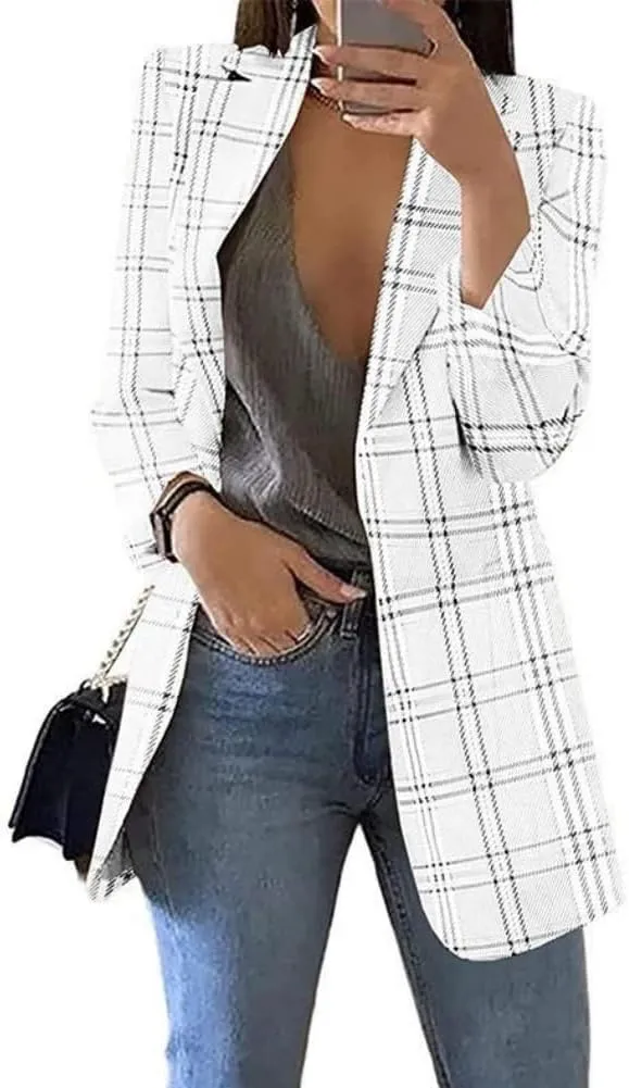 Yeshire Women's Lapel Double Breasted Plaid Formal Work Office Blazer Jacket Outwear