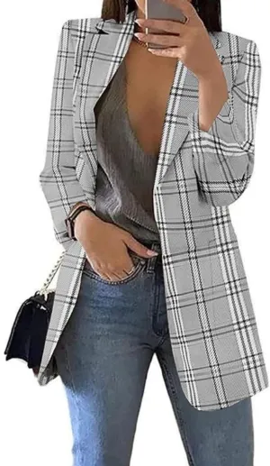Yeshire Women's Lapel Double Breasted Plaid Formal Work Office Blazer Jacket Outwear
