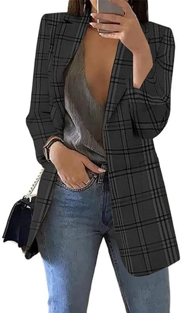 Yeshire Women's Lapel Double Breasted Plaid Formal Work Office Blazer Jacket Outwear