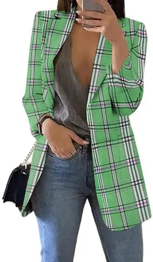 Yeshire Women's Lapel Double Breasted Plaid Formal Work Office Blazer Jacket Outwear