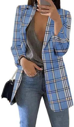 Yeshire Women's Lapel Double Breasted Plaid Formal Work Office Blazer Jacket Outwear