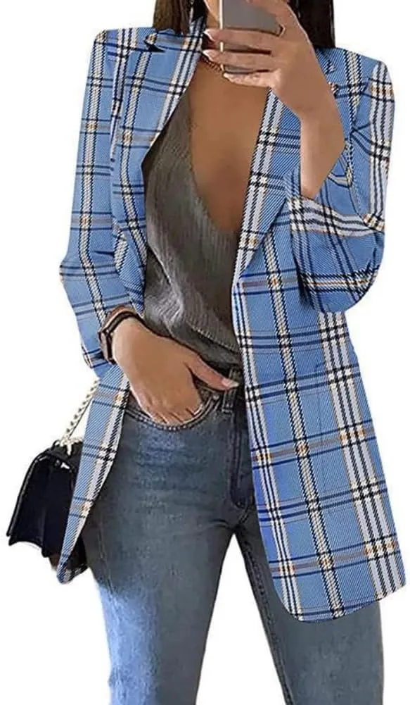 Yeshire Women's Lapel Double Breasted Plaid Formal Work Office Blazer Jacket Outwear