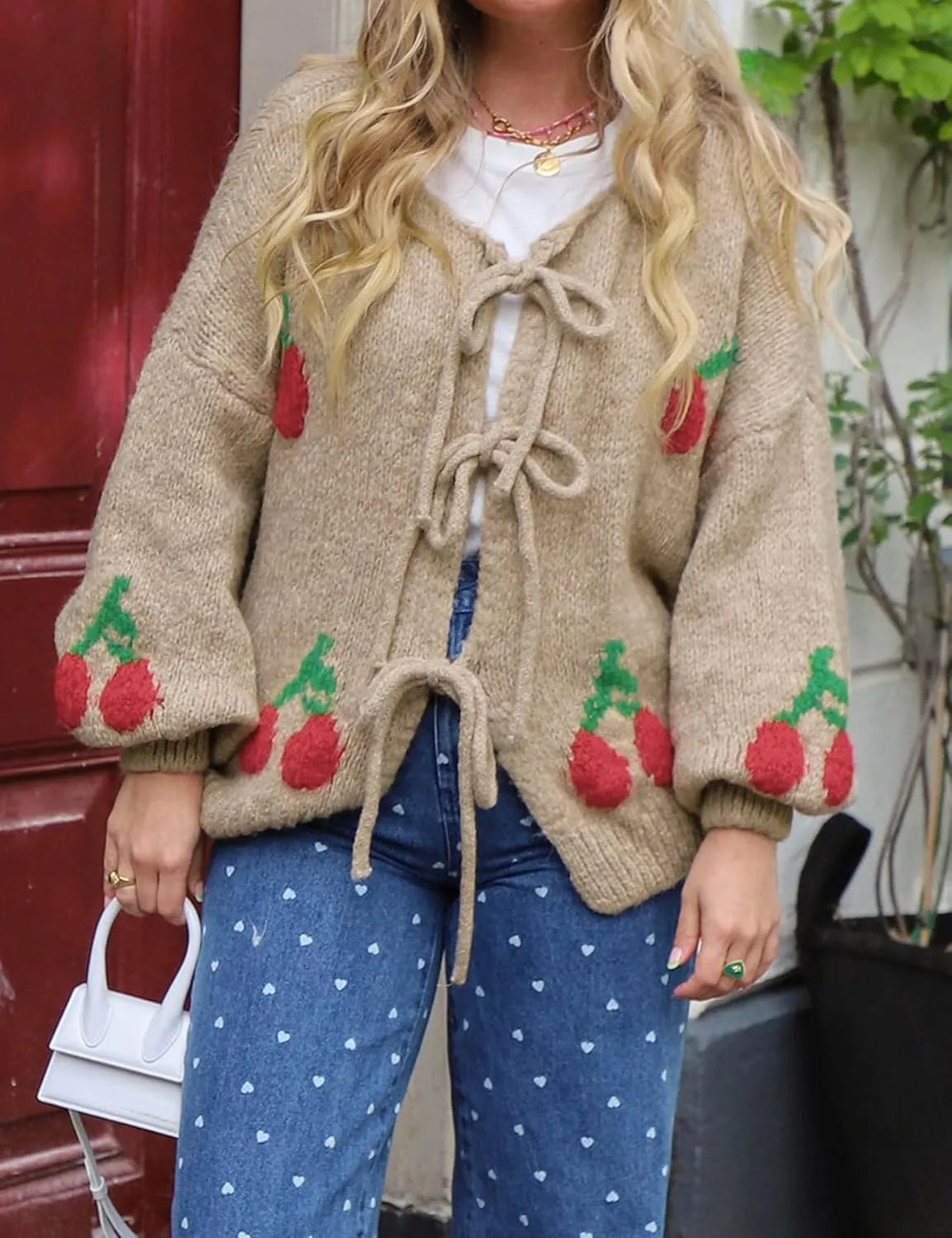 Yimoon Womens Bow Tie Front Cardigan Cute Cherry Open Front Y2k Sweater Oversized Chunky Knit Cardigan Tops