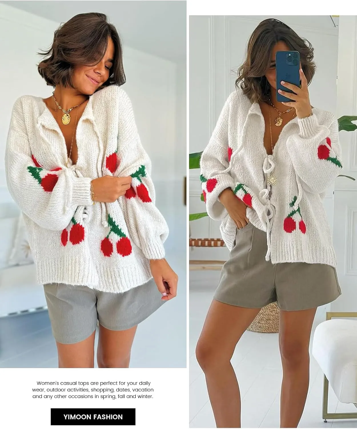 Yimoon Womens Bow Tie Front Cardigan Cute Cherry Open Front Y2k Sweater Oversized Chunky Knit Cardigan Tops