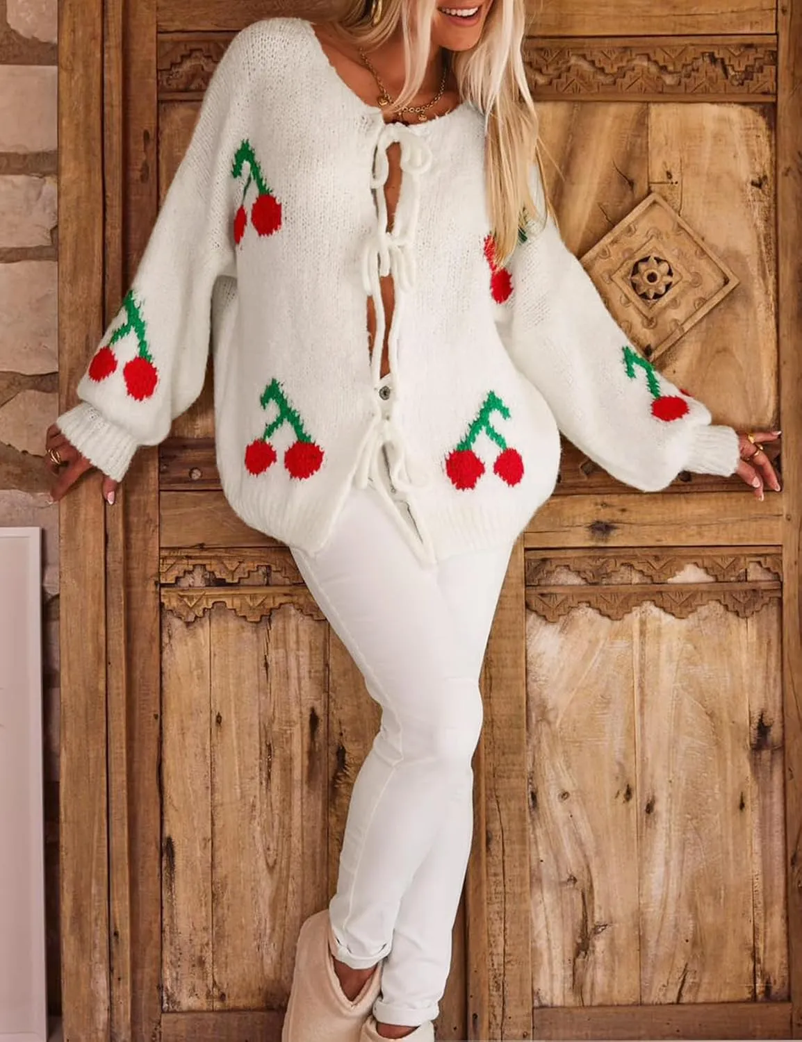 Yimoon Womens Bow Tie Front Cardigan Cute Cherry Open Front Y2k Sweater Oversized Chunky Knit Cardigan Tops