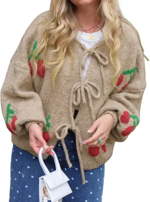 Yimoon Womens Bow Tie Front Cardigan Cute Cherry Open Front Y2k Sweater Oversized Chunky Knit Cardigan Tops
