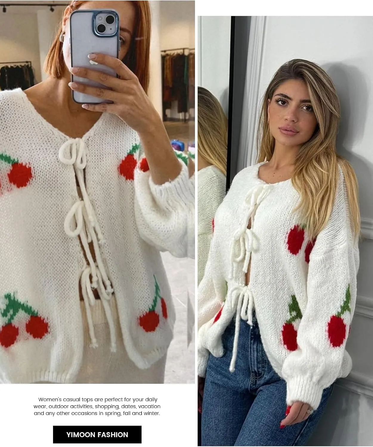 Yimoon Womens Bow Tie Front Cardigan Cute Cherry Open Front Y2k Sweater Oversized Chunky Knit Cardigan Tops