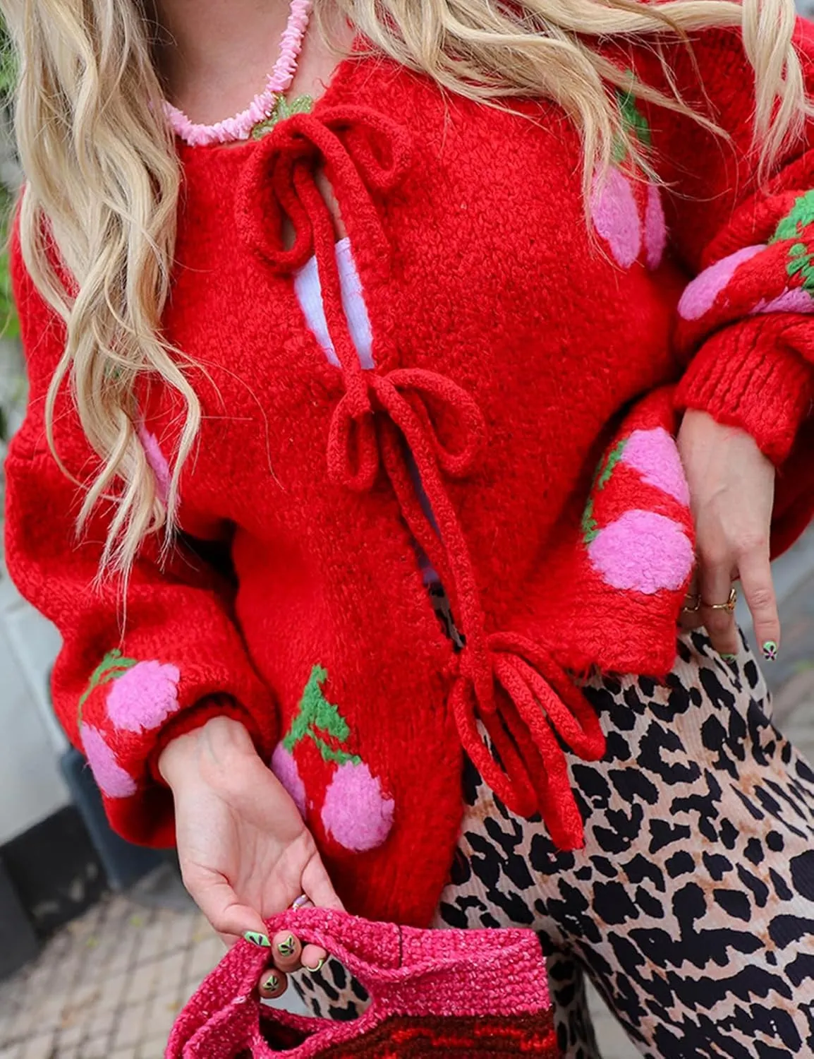 Yimoon Womens Bow Tie Front Cardigan Cute Cherry Open Front Y2k Sweater Oversized Chunky Knit Cardigan Tops