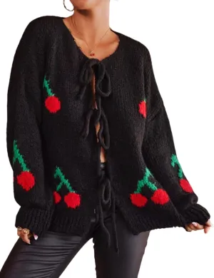 Yimoon Womens Bow Tie Front Cardigan Cute Cherry Open Front Y2k Sweater Oversized Chunky Knit Cardigan Tops