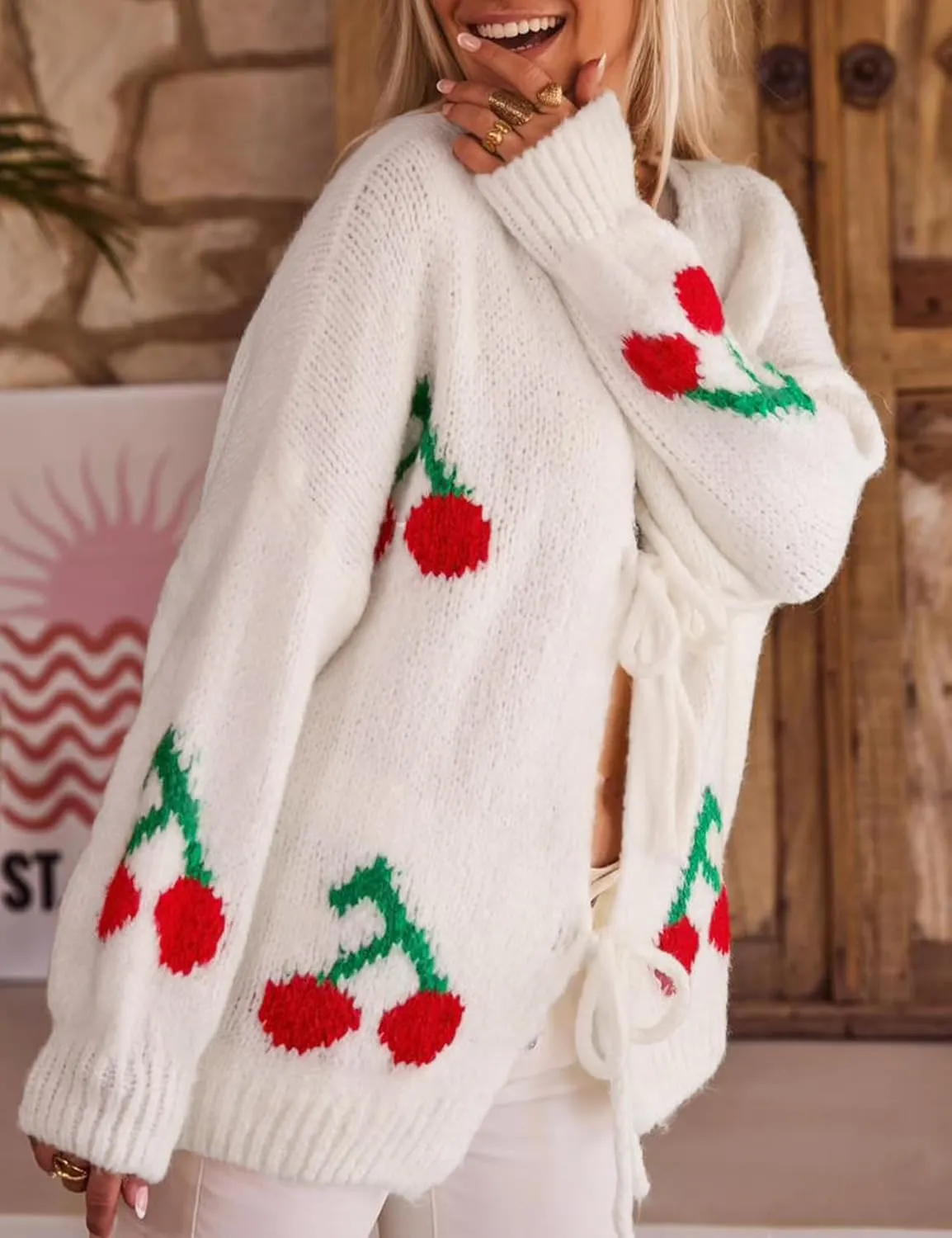 Yimoon Womens Bow Tie Front Cardigan Cute Cherry Open Front Y2k Sweater Oversized Chunky Knit Cardigan Tops